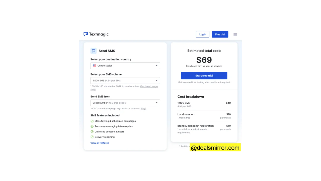 TextMagic pricing page SMS marketing price calculator